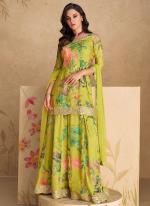 Chinon Silk Parrot Green Party Wear Embroidery Work Readymade Sharara Suit